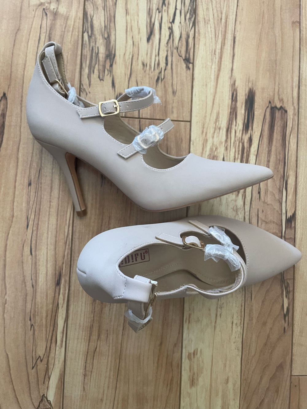 Classic Pointed-Toe Mary Jane Pumps in Light Beige